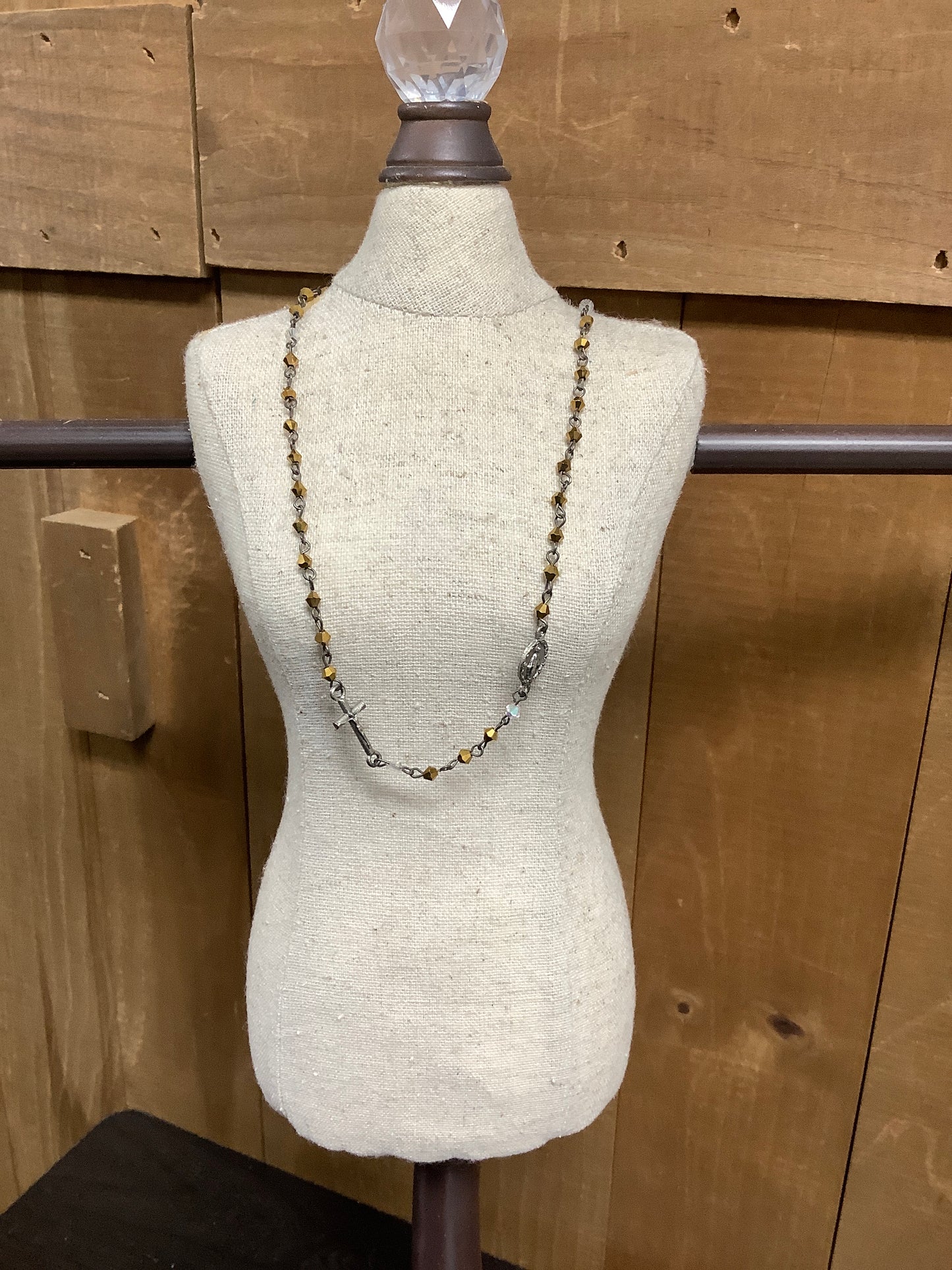 Rosary Necklace - Gold Beads with Sideways Cross