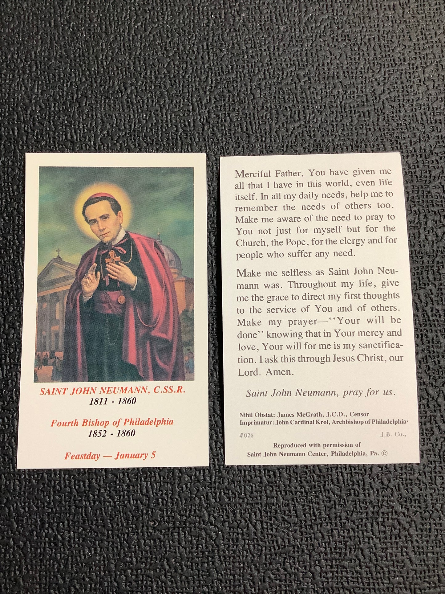 St. John Neumann Paper Prayer Card