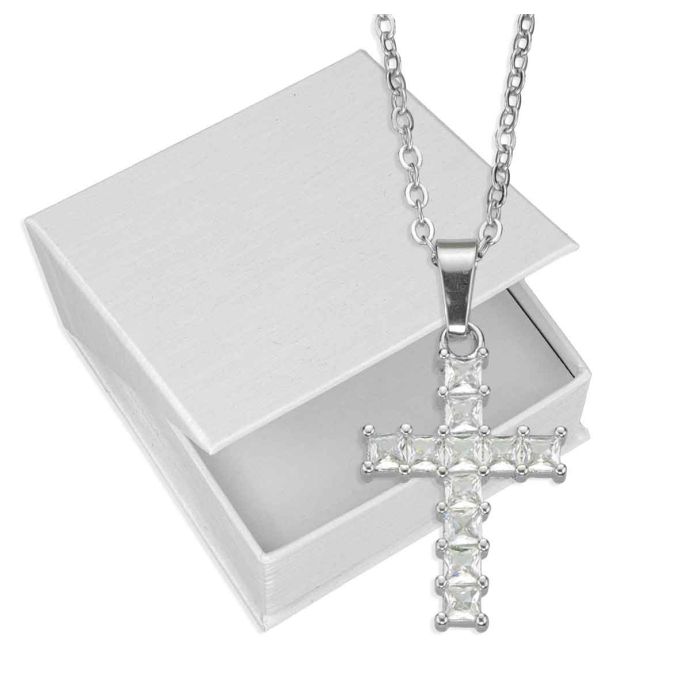 Silver Tone Necklace with Jeweled Cross Pendant