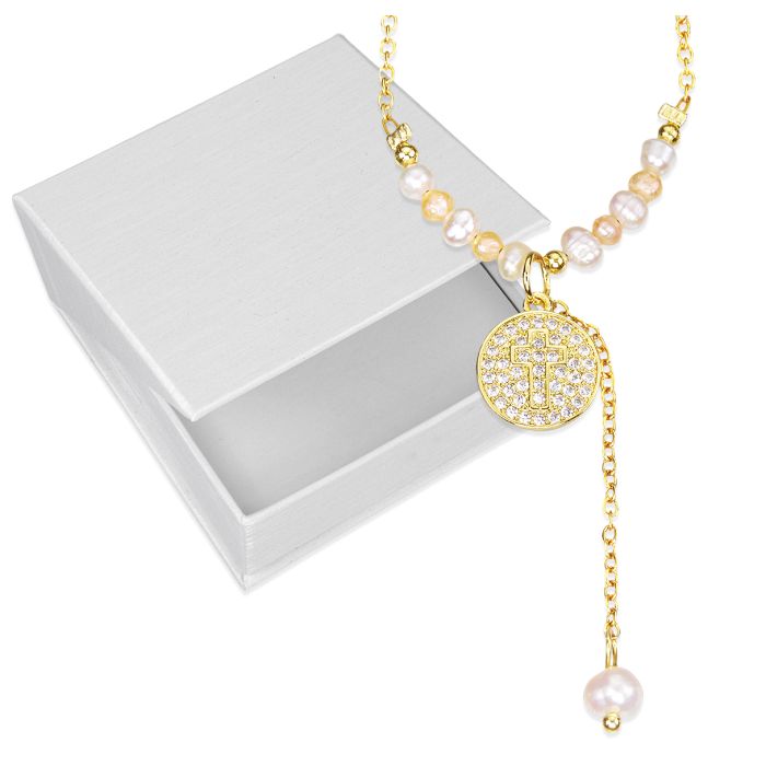 Gold Tone Necklace with Genuine Pearls and Cross Rhinestone Pendant