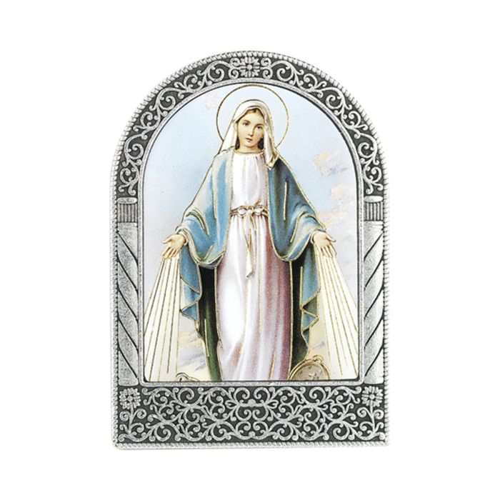 Antique Silver Metal Arched Easel with Gold Embossed Our Lady of Grace Print