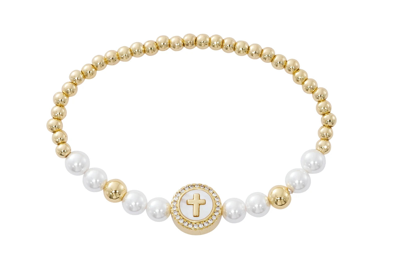 Pearl Stretch Bracelet with Cross