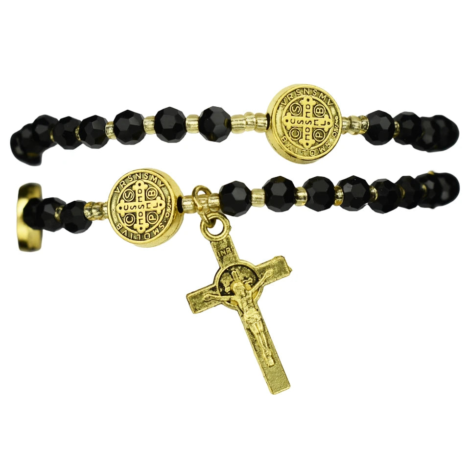 Black Crystal St. Benedict Twistable Rosary Bracelet