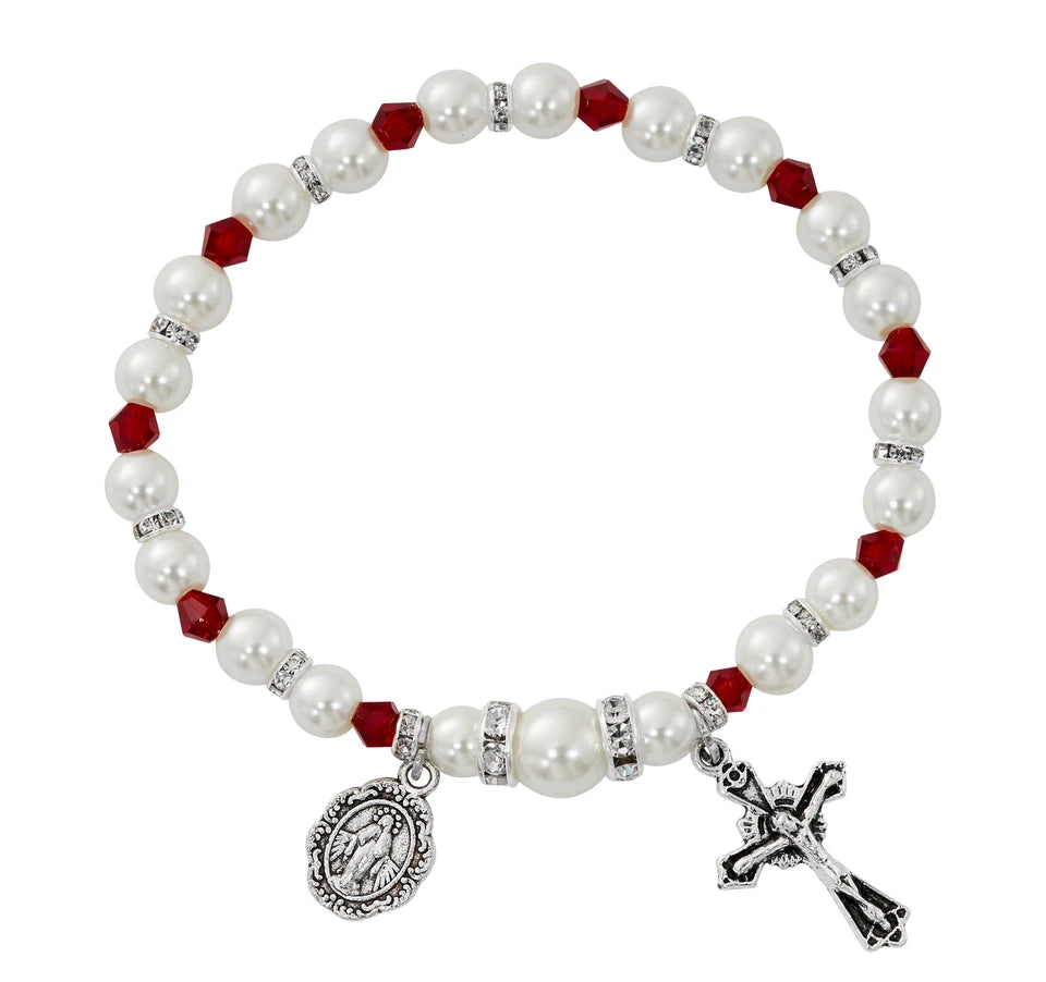 White Pearl & Garnet Crystal Stretch Bracelet
