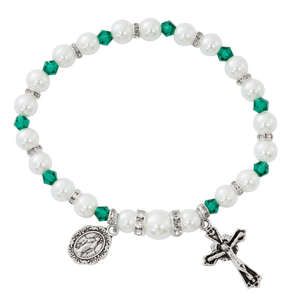 White Pearl & Emerald Crystal Stretch Bracelet