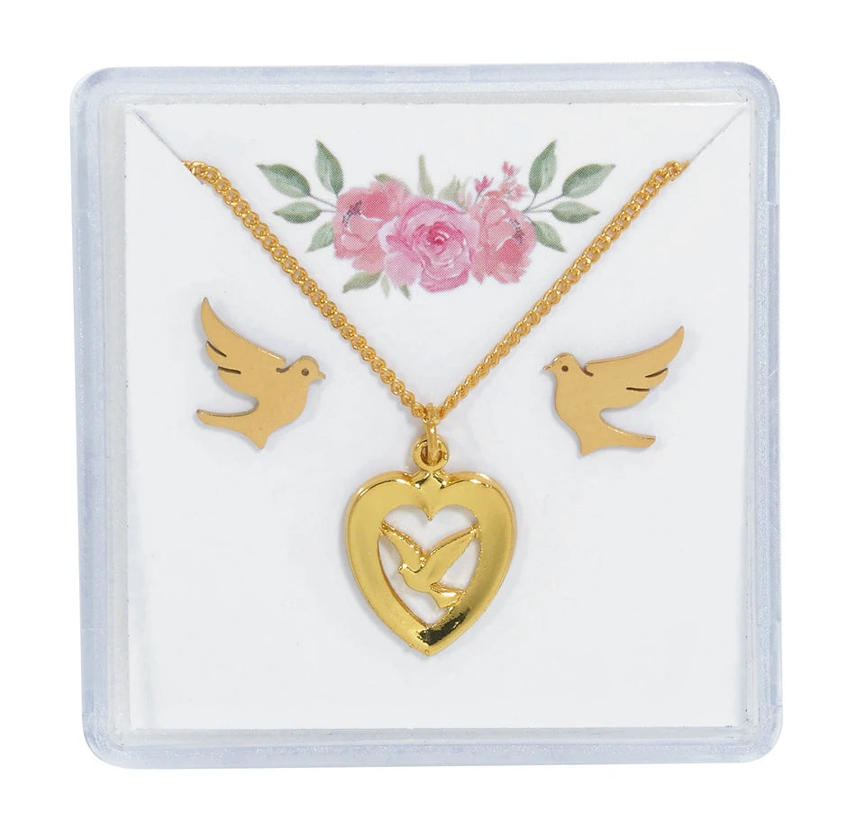 Gold Tone Holy Spirit Earrings & Necklace Set