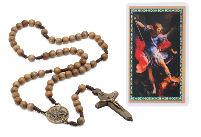 St. Michael Wood Bead Rosary