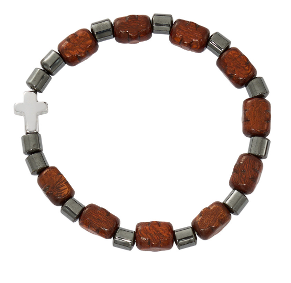 Dark Brown Wood Cross Stretch Bracelet