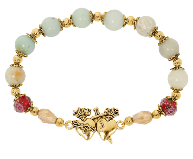 Amazonite Gold Tone Two Hearts Bracelet
