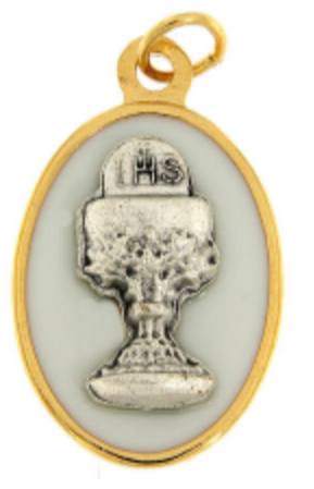 White Enameled Medal with Communion Chalice