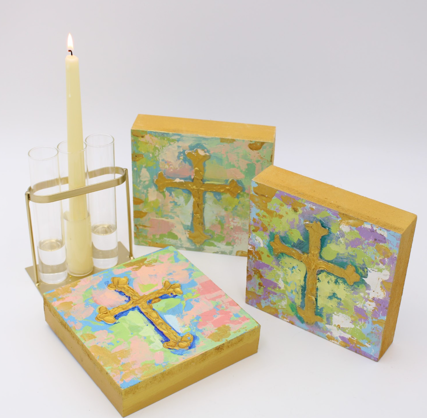 Handpainted Cross Wood Box Sign - Blue