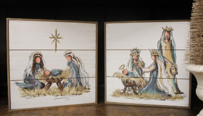 Slatted Wood Box Sign, Holy Family & Three Kings, Assorted