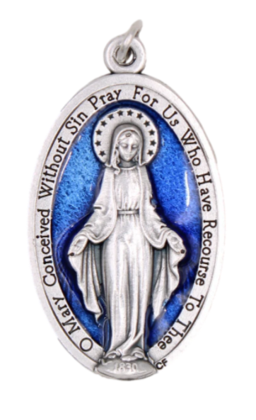 Silver-tone Miraculous Medal with Blue Enamel
