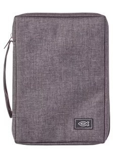 Gray Poly-canvas Bible Cover with Ichthus Fish Badge - Large