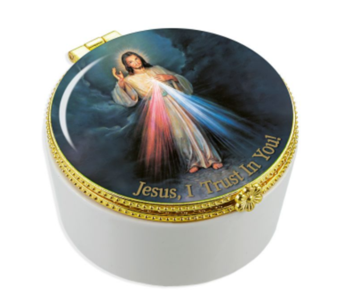 Porcelain Rosary Box with Divine Mercy Glass Cover