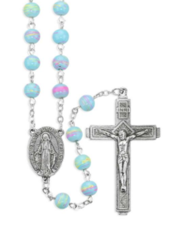 Aqua Glass Beads with Pastel Multi Colored Swirls Rosary