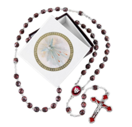 Holy Spirit Red Granite Glass Bead Rosary