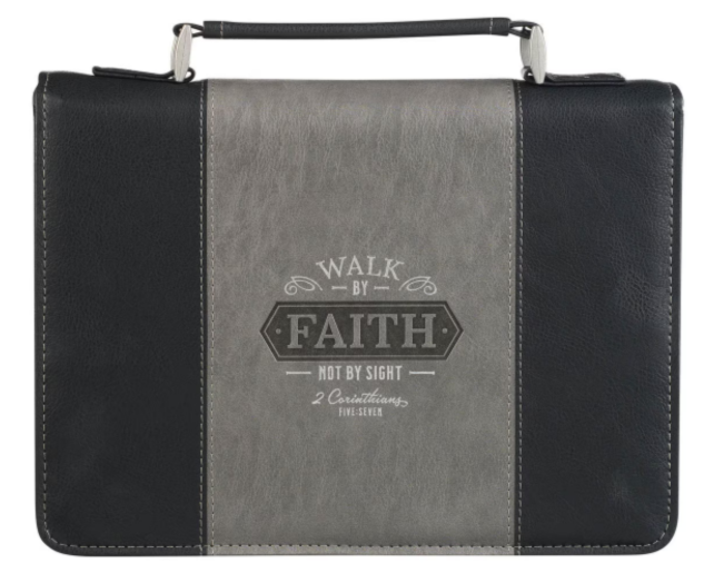 Walk by Faith Black and Gray Faux Leather Classic Bible Cover - 2 Corinthians 5:7 - Large