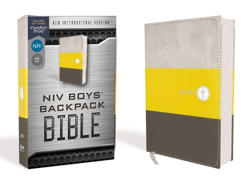 Niv, Boys' Backpack Bible, Compact, Leathersoft, Yellow/Gray, Red Letter Edition, Comfort Print