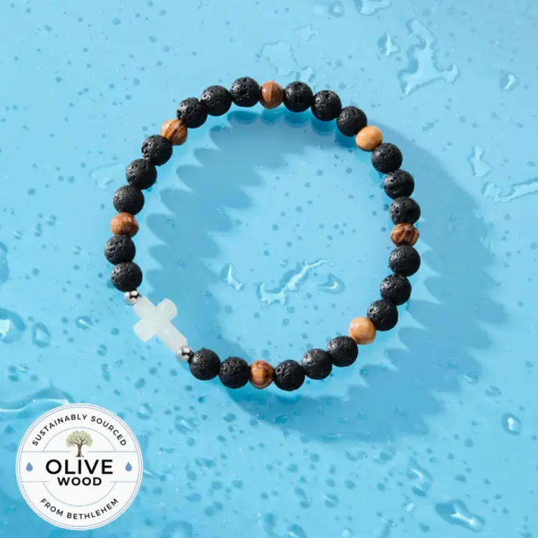 Holy Water Men's Olive Wood Cross Bracelet