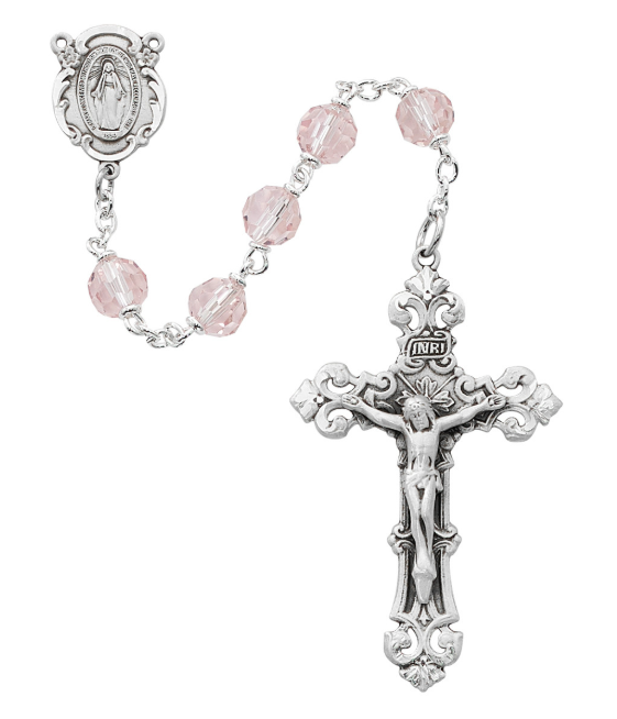 RHODIUM 7MM PINK TINCUT ROSARY