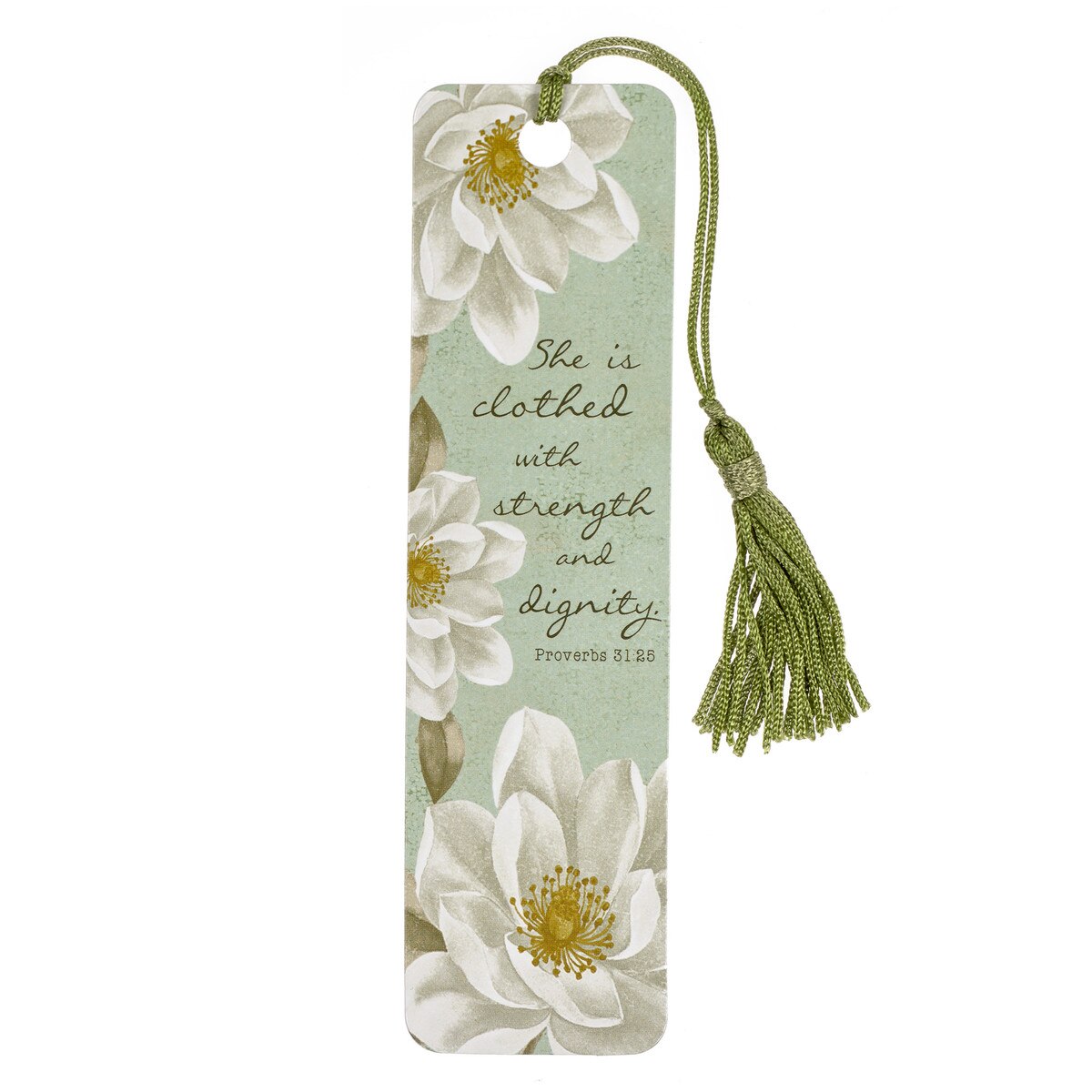 She Is Clothed with Strength and Dignity Bookmark with Tassel - Proverbs 31:25 Image Back