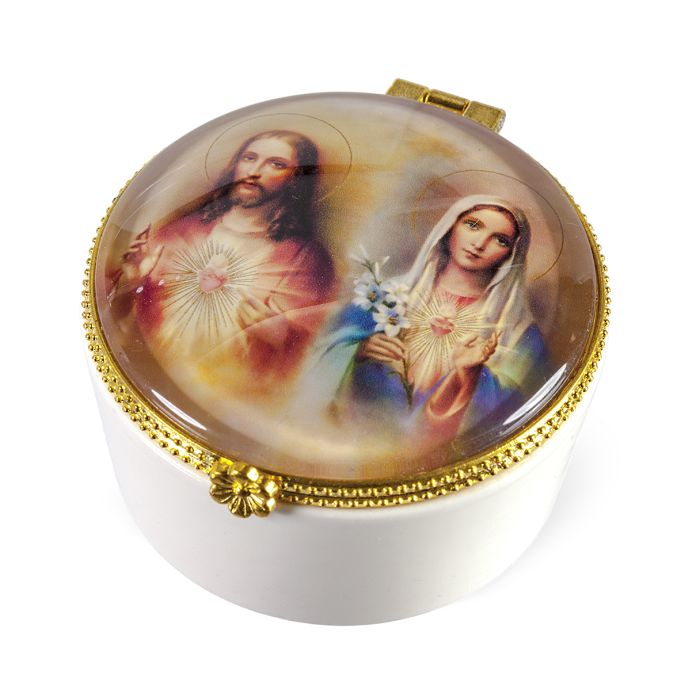 Porcelain Rosary Box with the Sacred Hearts Glass Cover