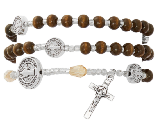 Brown wood St. Benedict Twist Rosary Bracelet