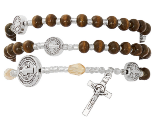 Brown wood St. Benedict Twist Rosary Bracelet