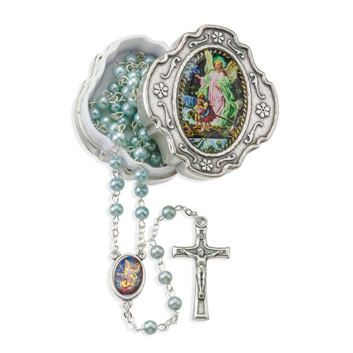 Blue Pearl Bead Rosary in Metal Keepsake Box