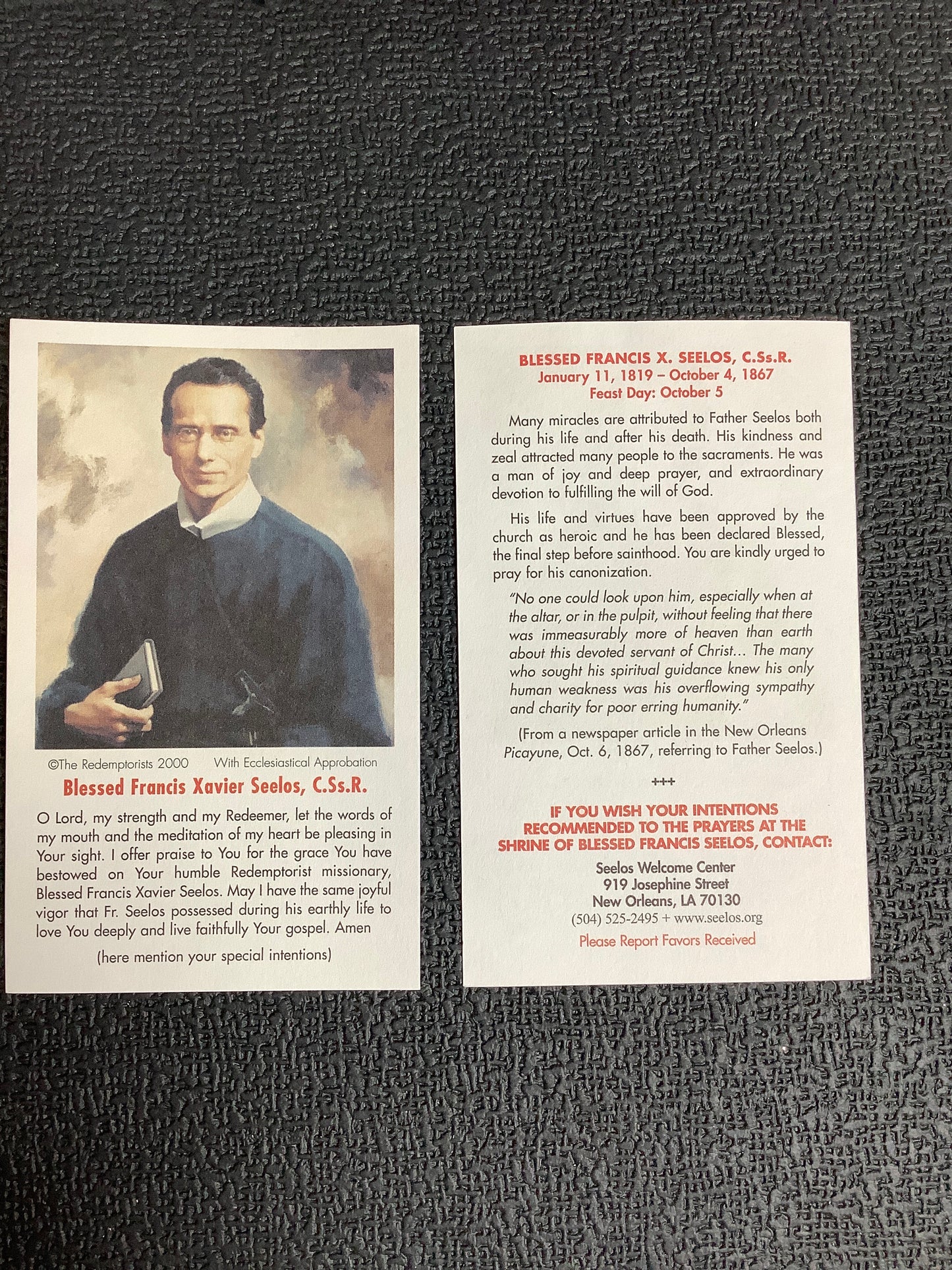 Blessed Francis Xavier Seelos Paper Prayer Card