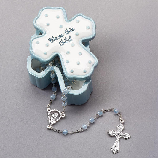 Blue Bless this Child Box with Rosary