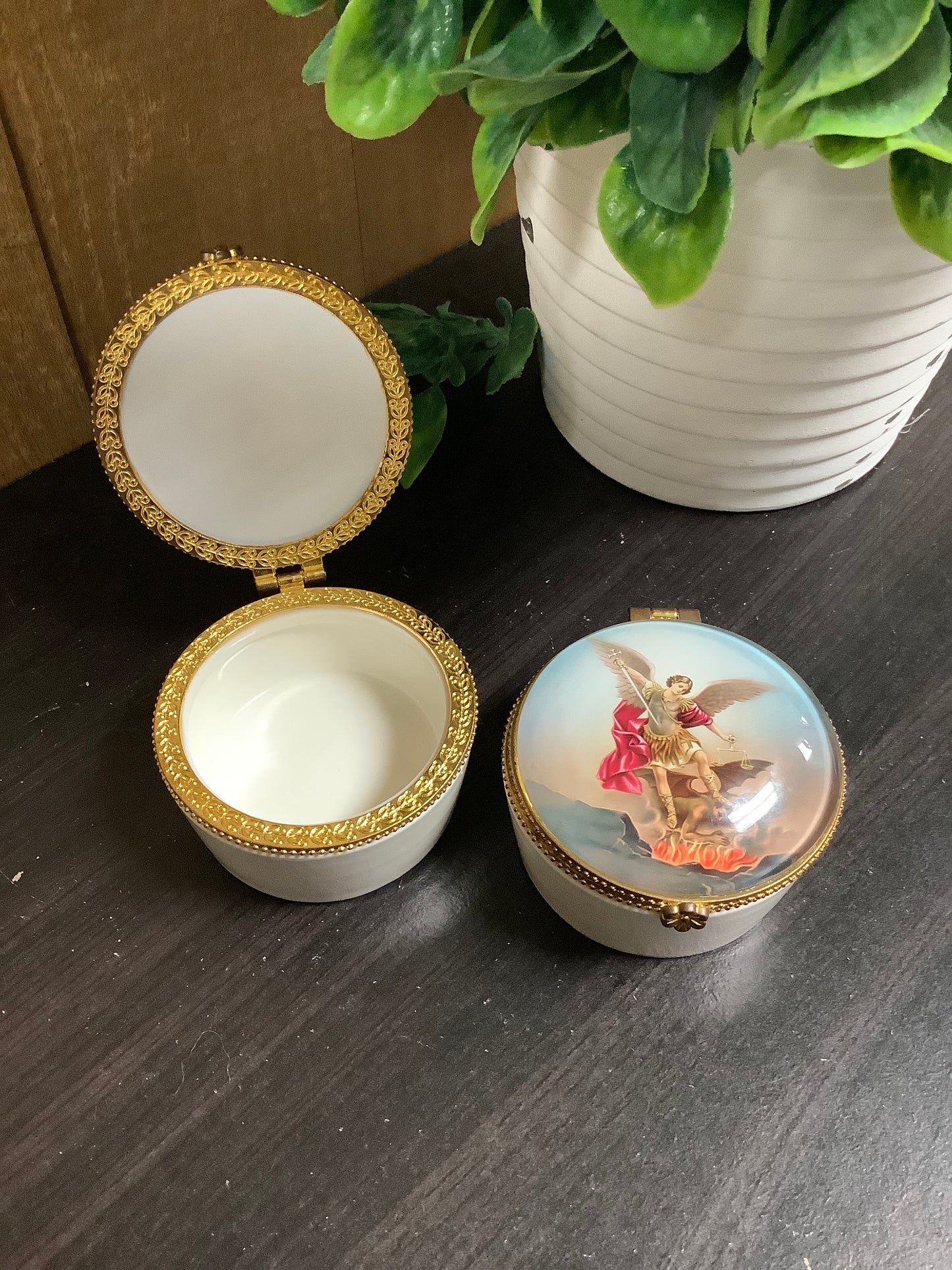 Porcelain Rosary Box with St. Michael Glass Cover