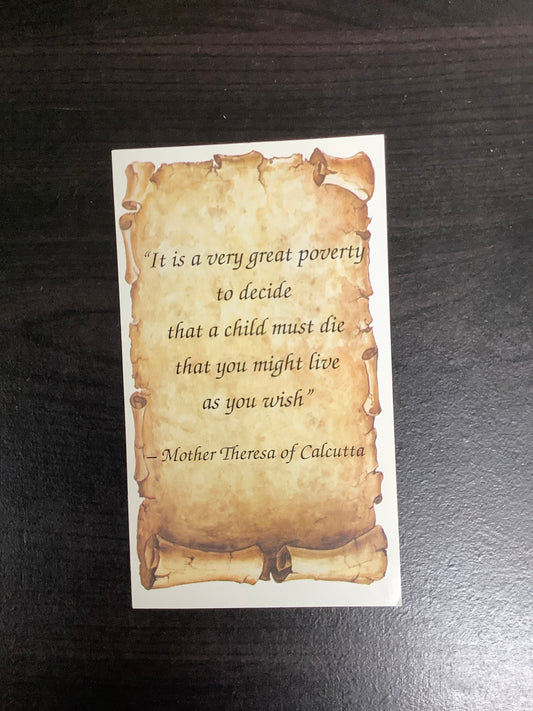 Mother Theresa of Calcutta Paper Prayer Card Quote