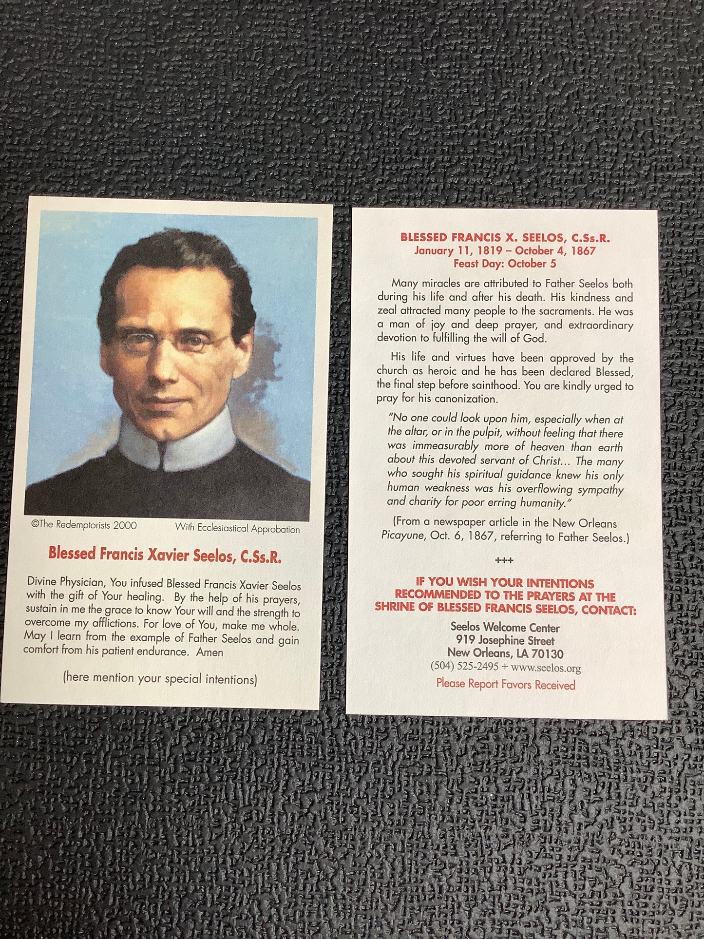 Blessed Francis Xavier Seelos Paper Prayer Card