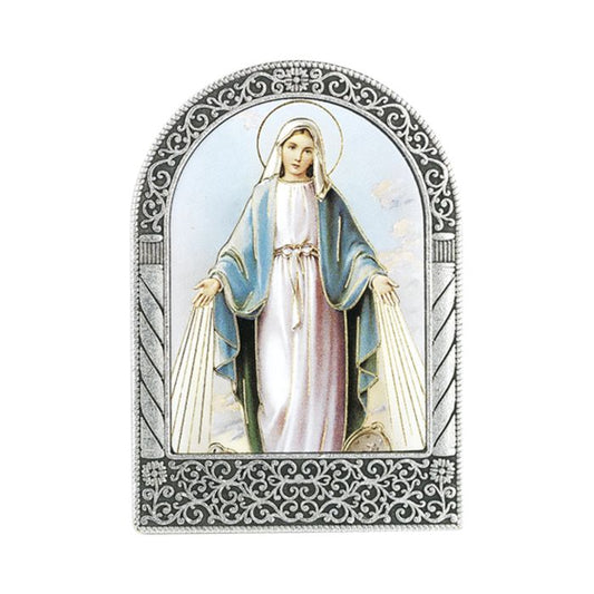 Antique Silver Metal Arched Easel with Gold Embossed Our Lady of Grace Print