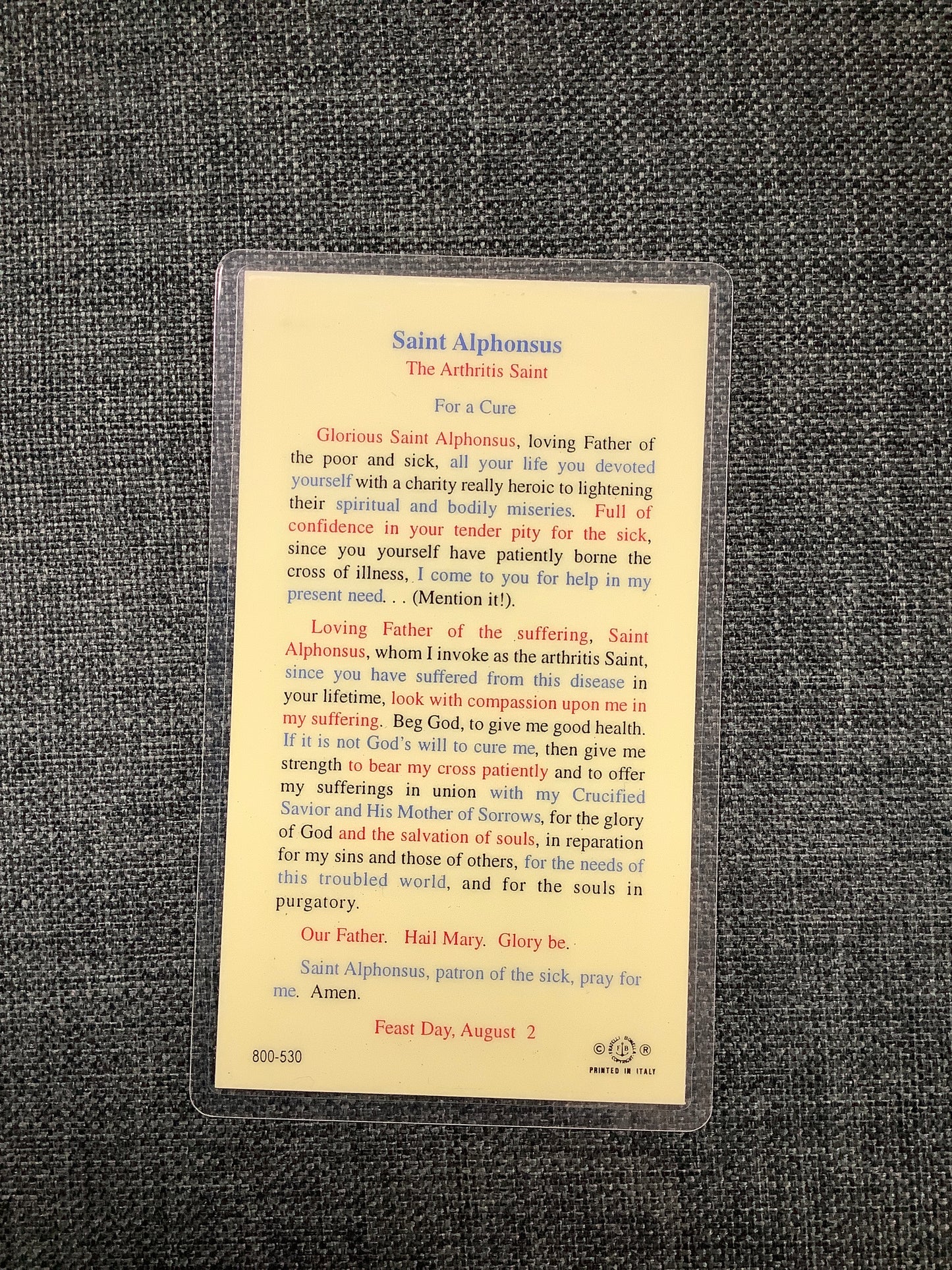 Prayer to St. Alphonsus, The Arthritis Saint Prayer Card