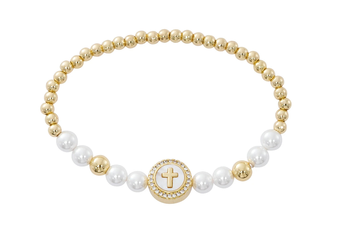 Pearl Stretch Bracelet with Cross