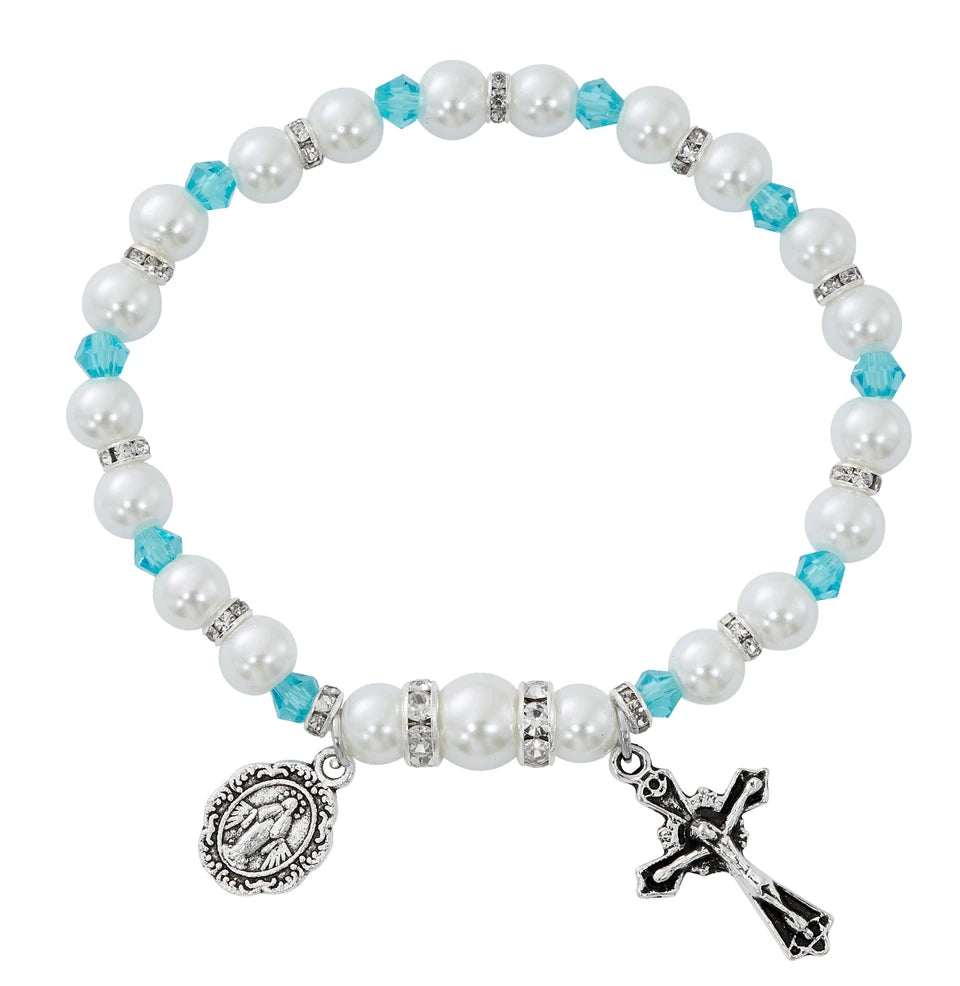 White Pearl & Aqua Crystal Stretch Bracelet