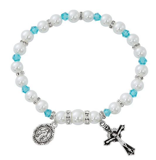 White Pearl & Aqua Crystal Stretch Bracelet
