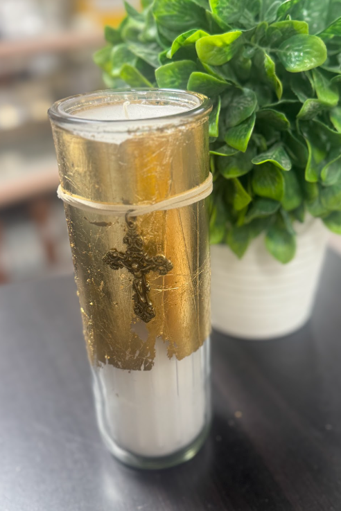 Gold Foil Holy Candle with Crucifix Medal