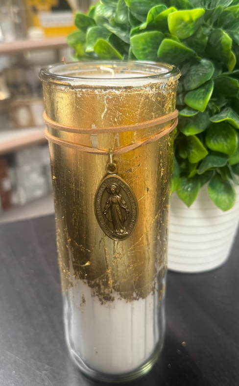 Gold Foil Holy Candle with Mirarculous Medal