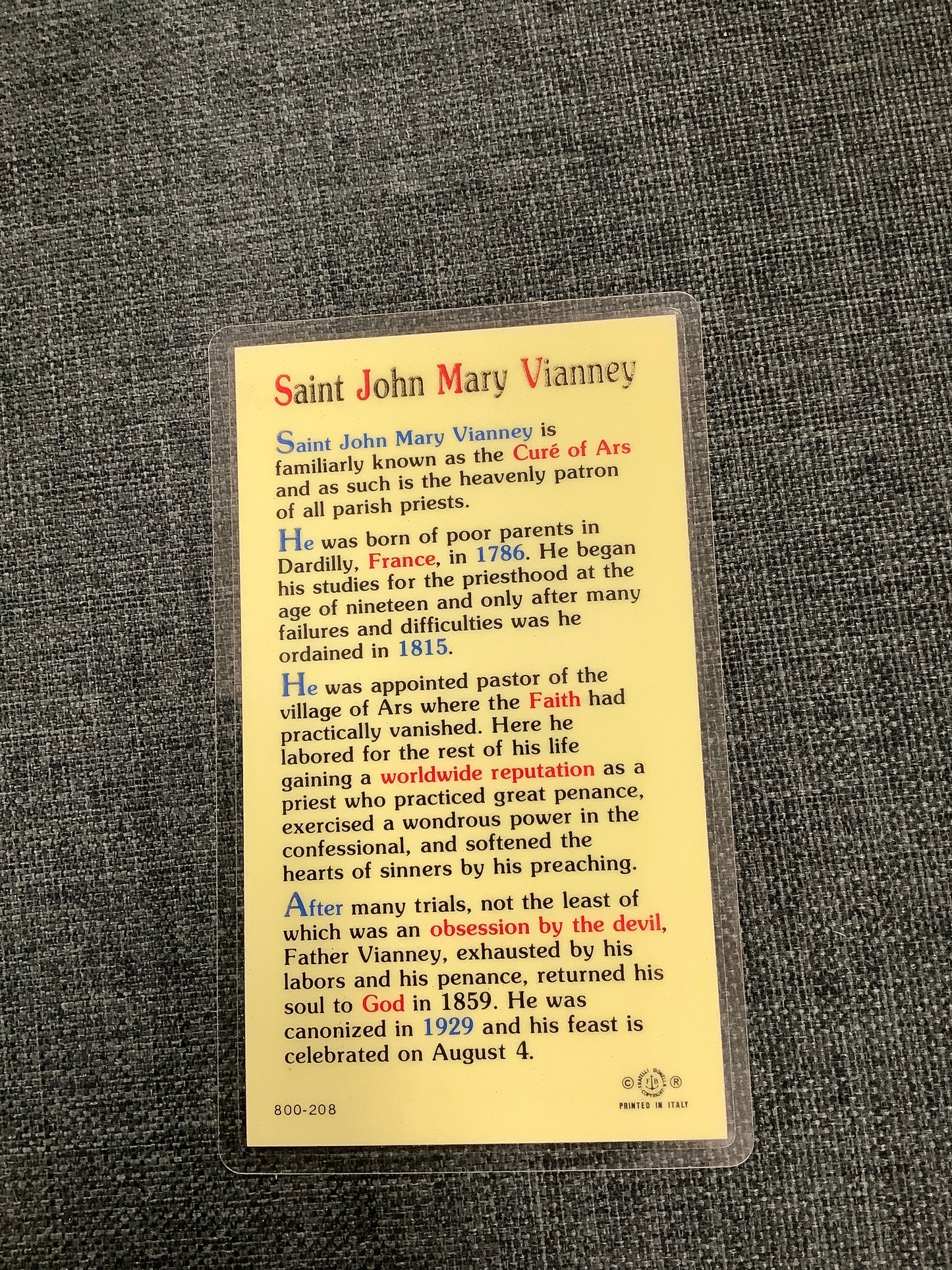 St. John Mary Vianney Prayer Card