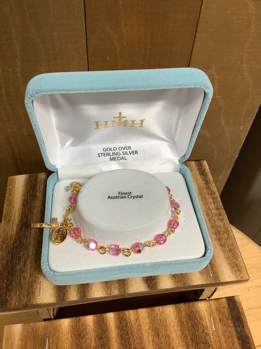 Gold over sterling silver pink crystal rosary bracelet