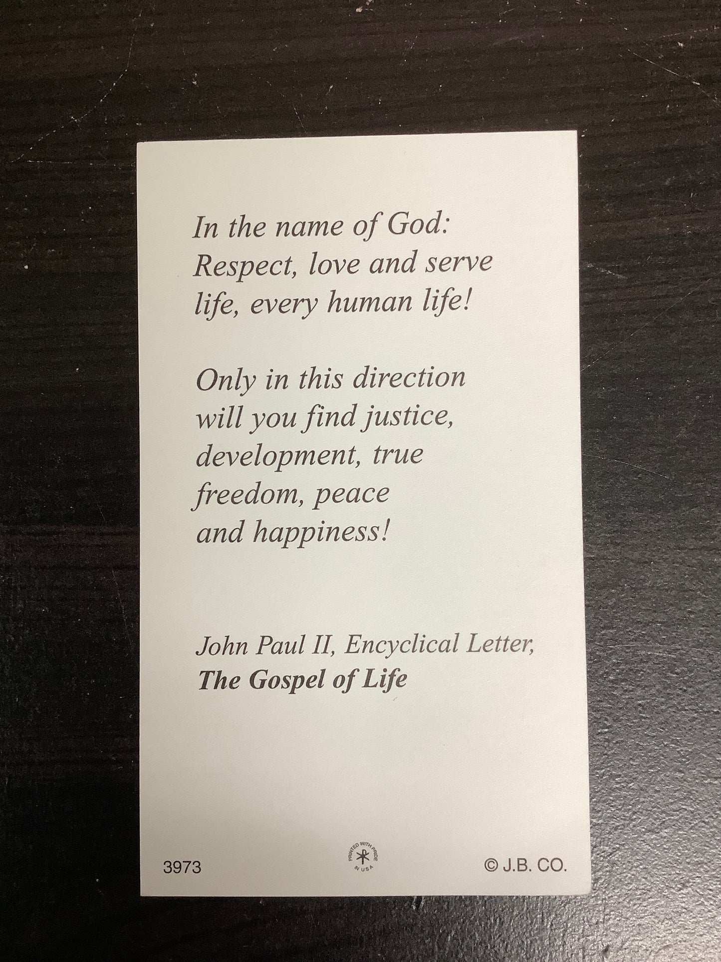 John Paul II Encyclical Letter, The Gospel of Life Paper Prayer Card