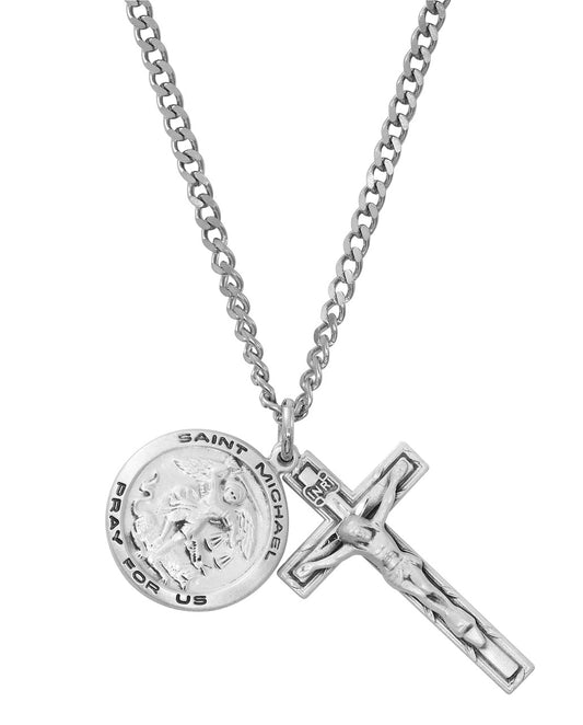 Sterling Silver St. Michael & Crucifix Pendant Set