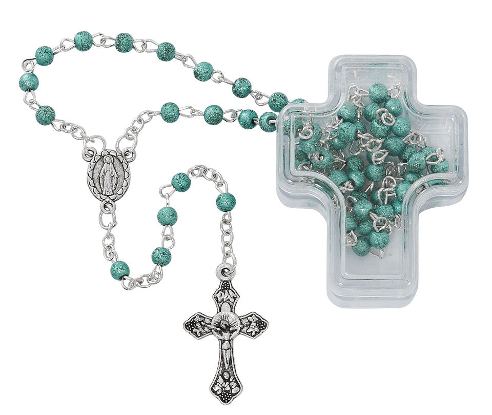 Blue Frosted Glass Rosary with Plastic Cross Box