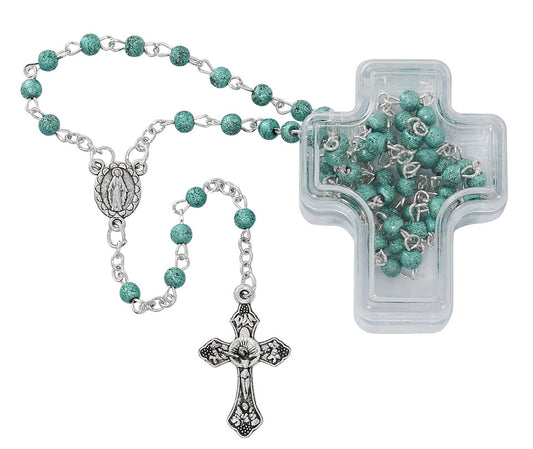 Blue Frosted Glass Rosary with Plastic Cross Box