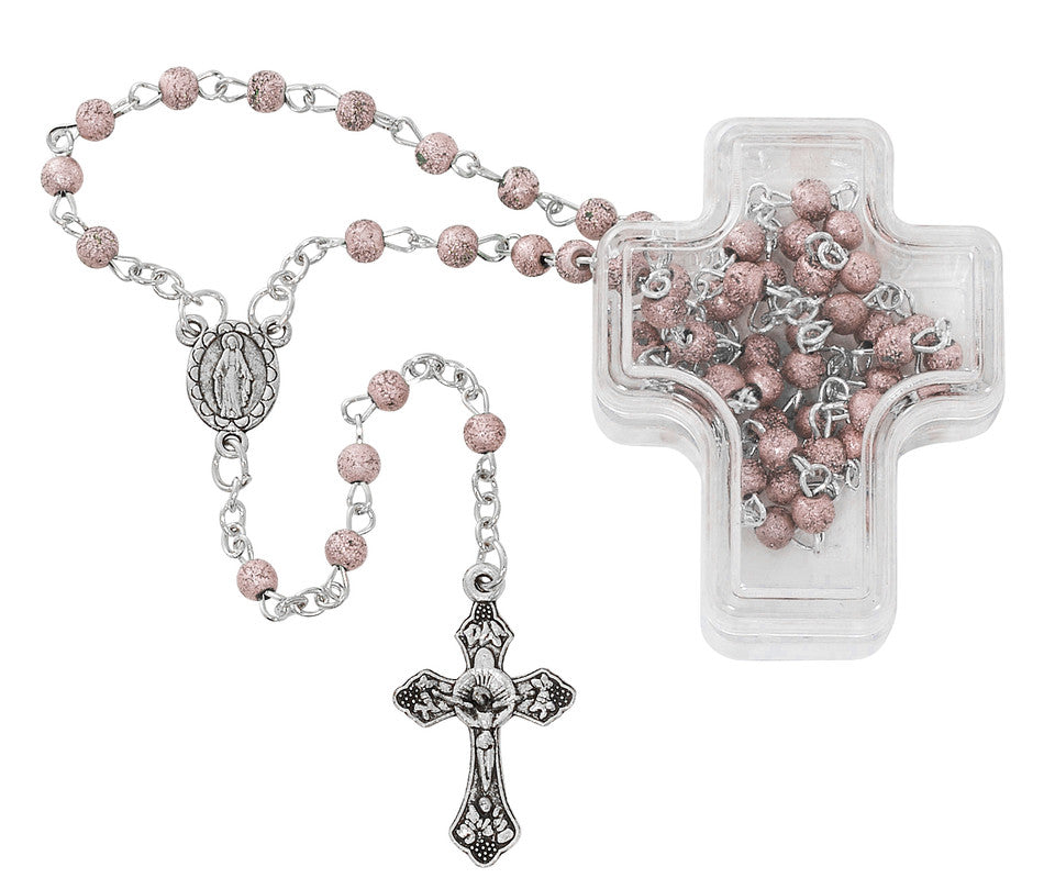 Pink Frosted Glass Rosary with Plastic Cross Box