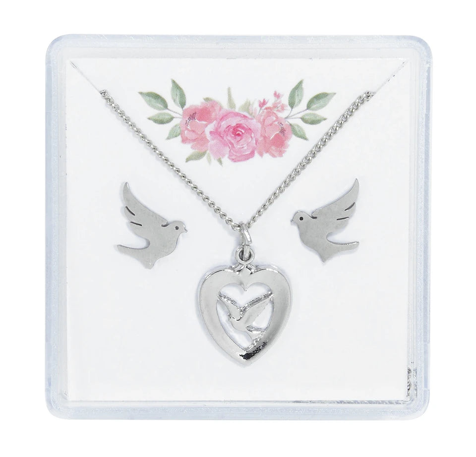 Silver Holy Spirit Earrings & Necklace Set